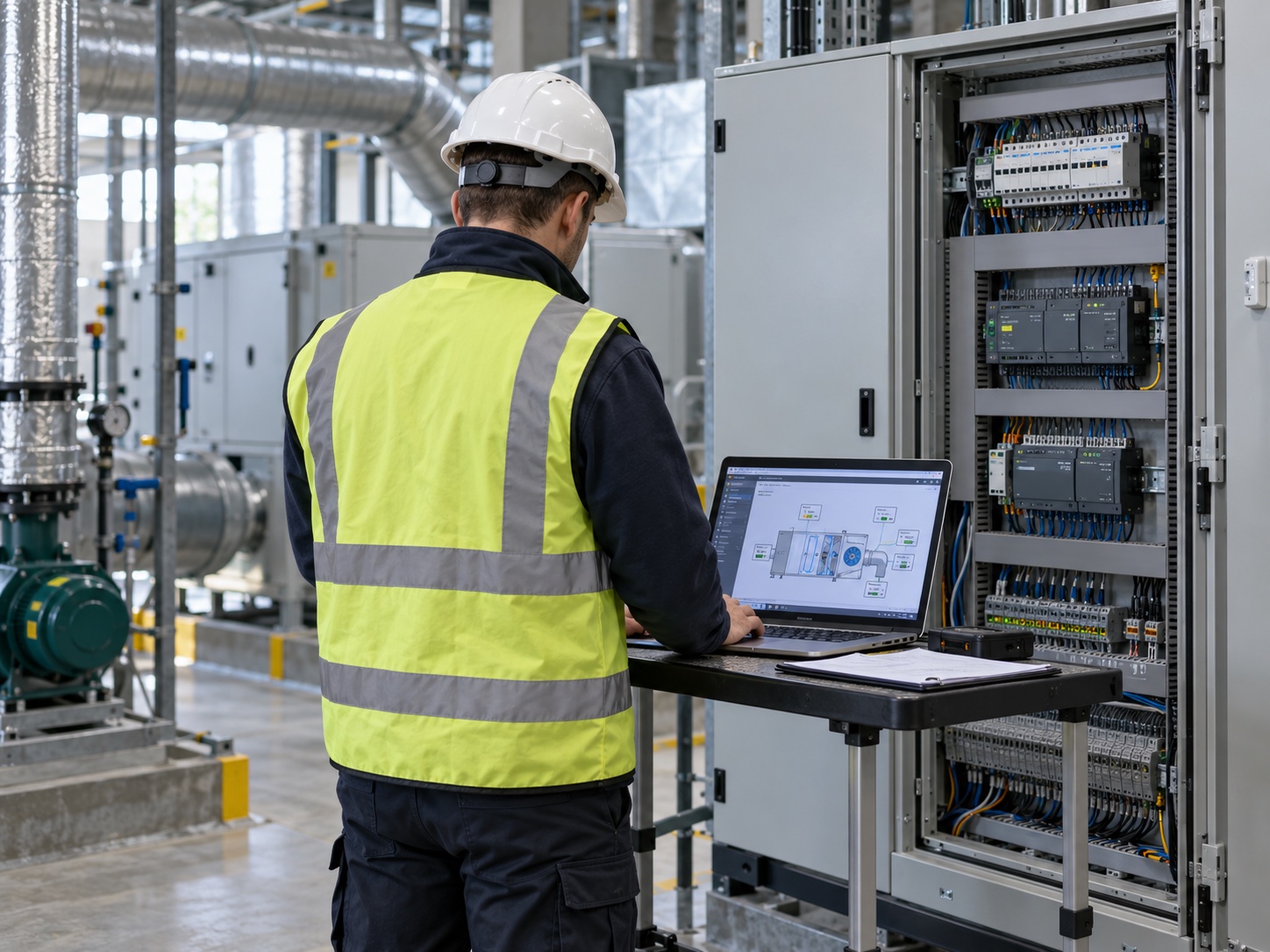 Engineer viewed from behind wearing a hard hat and high-visibility PPE, using a laptop beside a BMS control panel