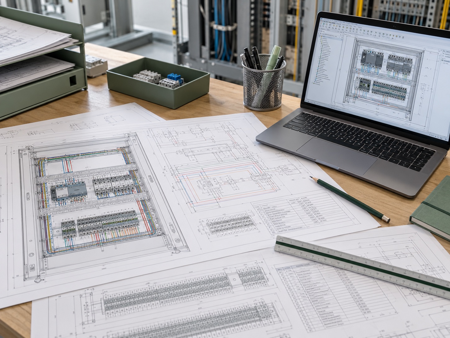 Printed BMS panel electrical drawings beside a laptop showing a control panel schematic