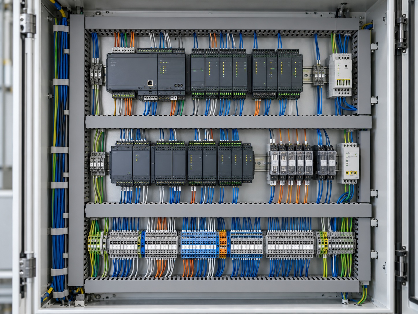 Inside a BMS control panel with neatly arranged controllers, relays and terminal wiring