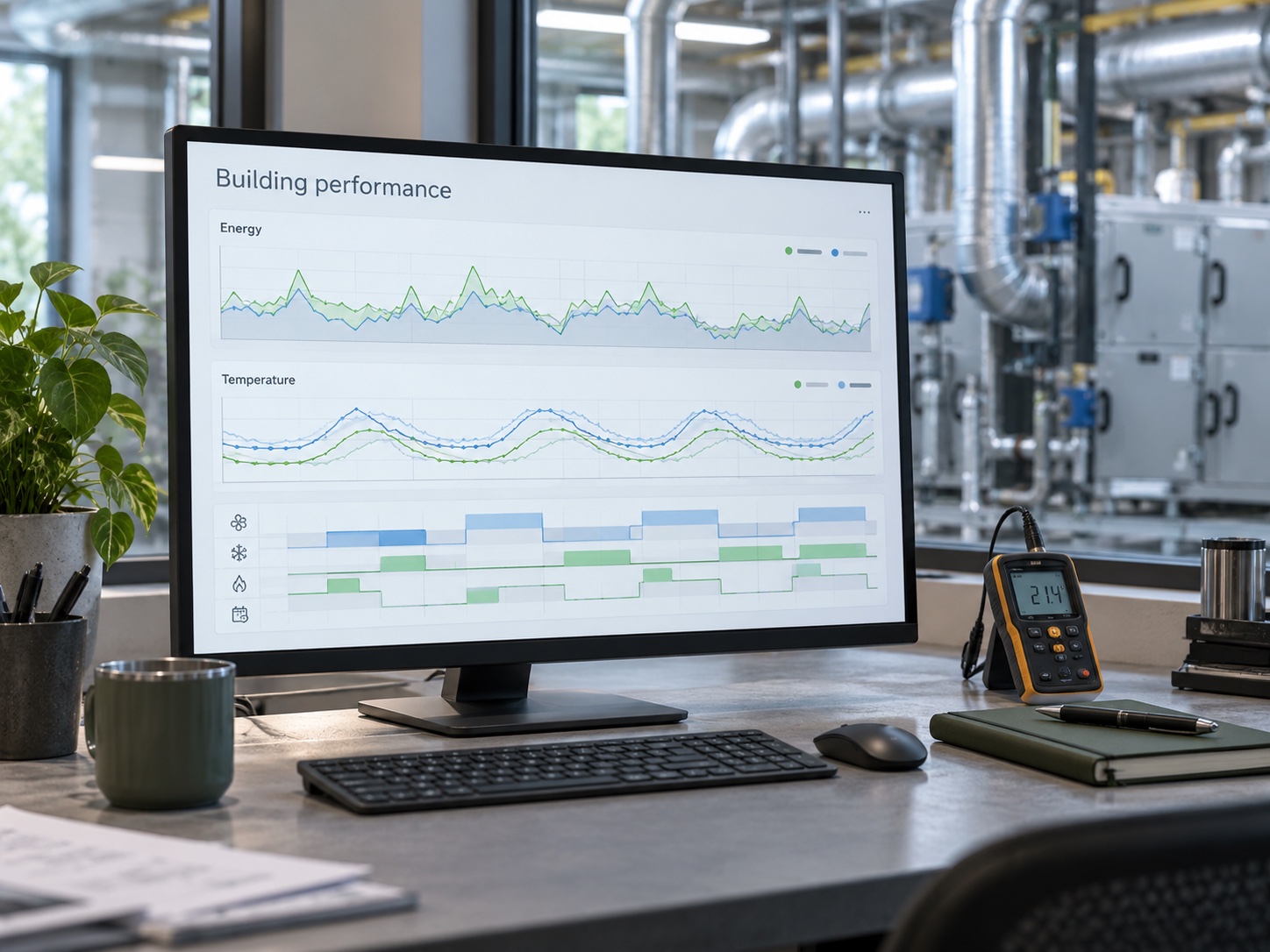 Building performance workstation displaying HVAC and energy trend charts for system optimisation